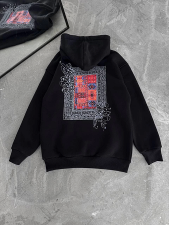 Uzun Kol Kapşonlu Ön Ve Arka Baskılı SweatShirt - Siyah - 3
