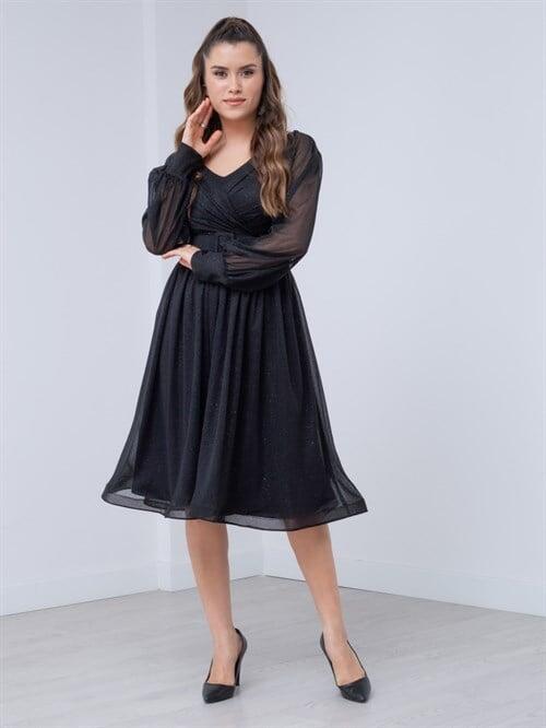 Uzun Kol Kemerli Tül Elbise - SİYAH - 1