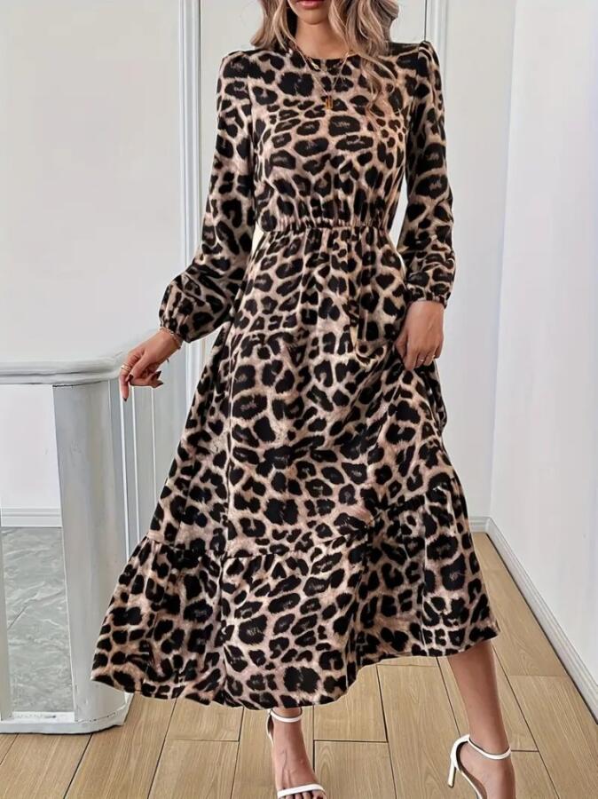 Uzun Kollu Bisiklet Yaka Leopar Desenli Midi Süprem Elbise - 1
