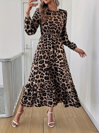 Uzun Kollu Bisiklet Yaka Leopar Desenli Midi Süprem Elbise - 4