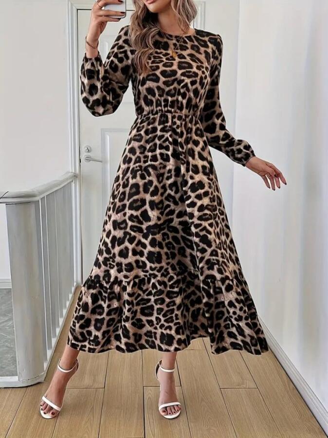 Uzun Kollu Bisiklet Yaka Leopar Desenli Midi Süprem Elbise - 4