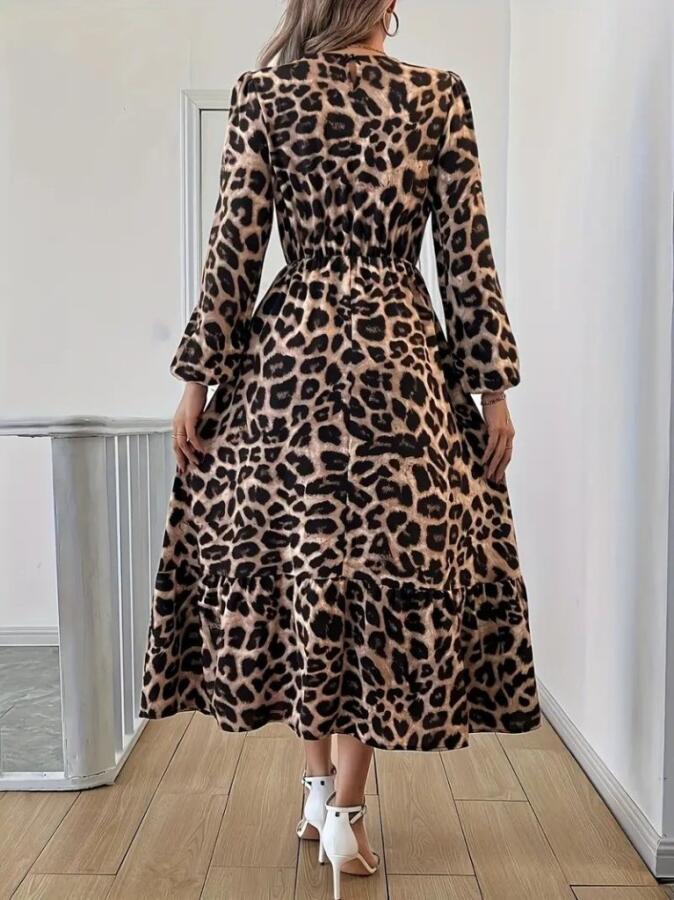 Uzun Kollu Bisiklet Yaka Leopar Desenli Midi Süprem Elbise - 5