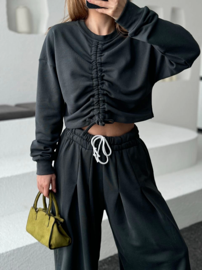 Uzun Kollu Önü İp Büzgülü Crop Ve Pantolon İkili Takım - Antrasit - 4