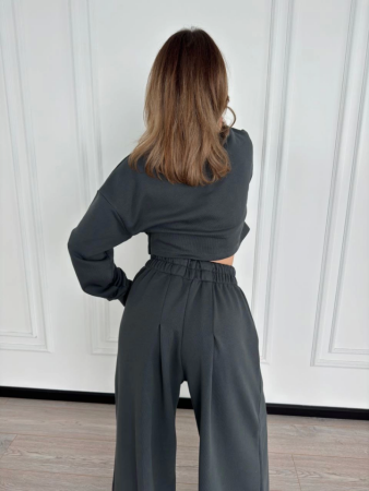 Uzun Kollu Önü İp Büzgülü Crop Ve Pantolon İkili Takım - Antrasit - 3