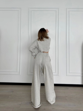 Uzun Kollu Önü İp Büzgülü Crop Ve Pantolon İkili Takım - Gri - 3