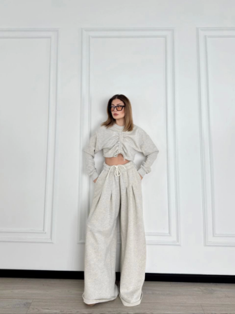 Uzun Kollu Önü İp Büzgülü Crop Ve Pantolon İkili Takım - Gri - 4
