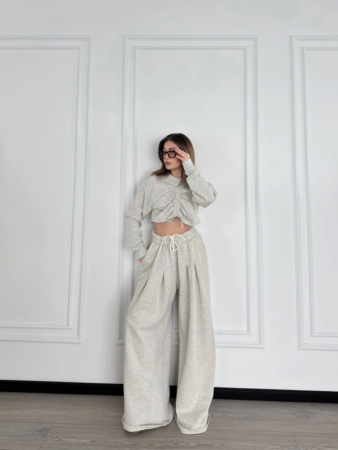 Uzun Kollu Önü İp Büzgülü Crop Ve Pantolon İkili Takım - Gri - ANGELINO BuyukBedeniz (1)
