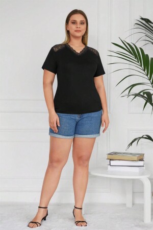 V Lace Plus Size Combed Cotton Blouse Black - 2