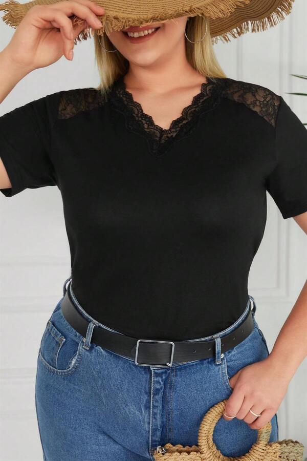 V Lace Plus Size Combed Cotton Blouse Black - 3