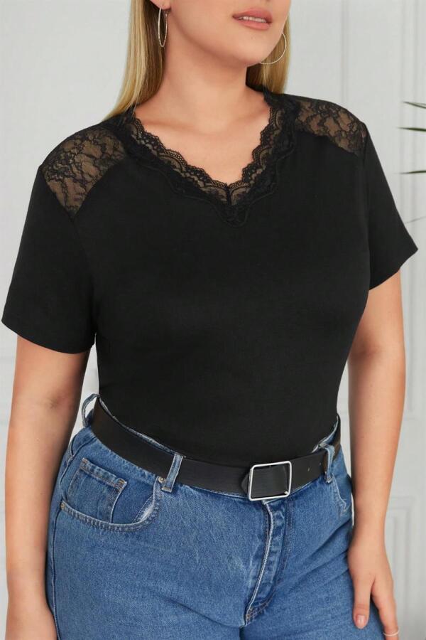 V Lace Plus Size Combed Cotton Blouse Black - 4