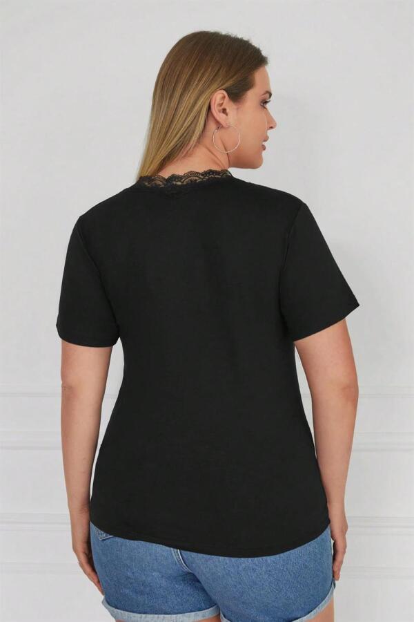 V Lace Plus Size Combed Cotton Blouse Black - 5