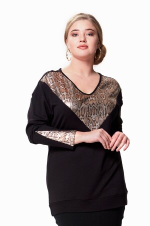 V Leopard Sequin Plus Size Blouse Black - 1