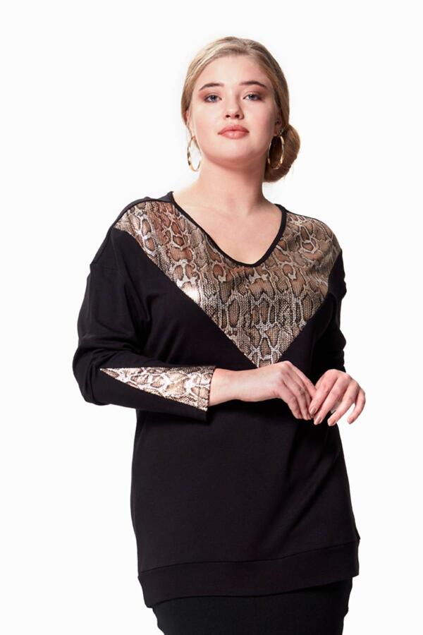V Leopard Sequin Plus Size Blouse Black - 1