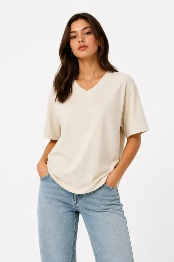 V Yaka Basic Tişört Kısa Kol Yazlık Regular Fit T-Shirt - Bej - 1