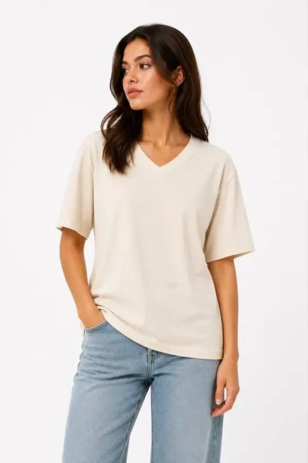 V Yaka Basic Tişört Kısa Kol Yazlık Regular Fit T-Shirt - Bej - 2