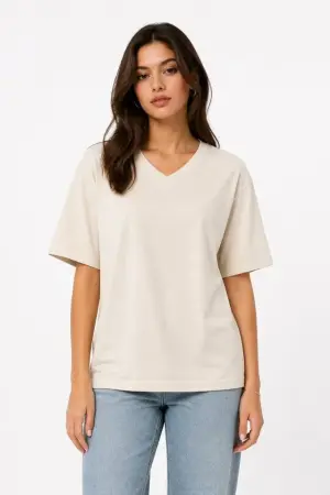 V Yaka Basic Tişört Kısa Kol Yazlık Regular Fit T-Shirt - Bej - 3