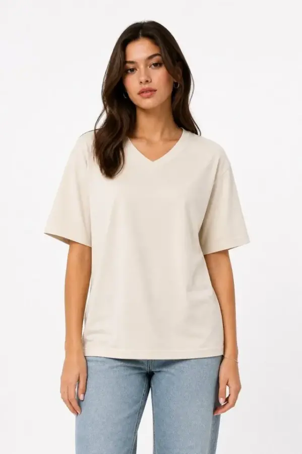 V Yaka Basic Tişört Kısa Kol Yazlık Regular Fit T-Shirt - Bej - 3