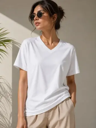 V Yaka Basic Tişört Kısa Kol Yazlık Regular Fit T-Shirt - Beyaz - 1