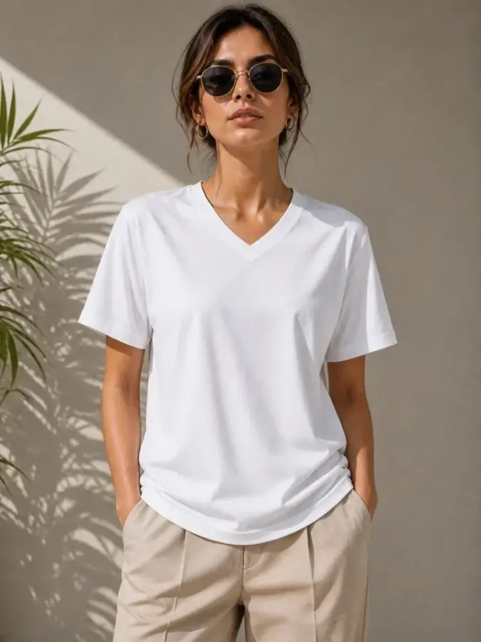 V Yaka Basic Tişört Kısa Kol Yazlık Regular Fit T-Shirt - Beyaz - 2