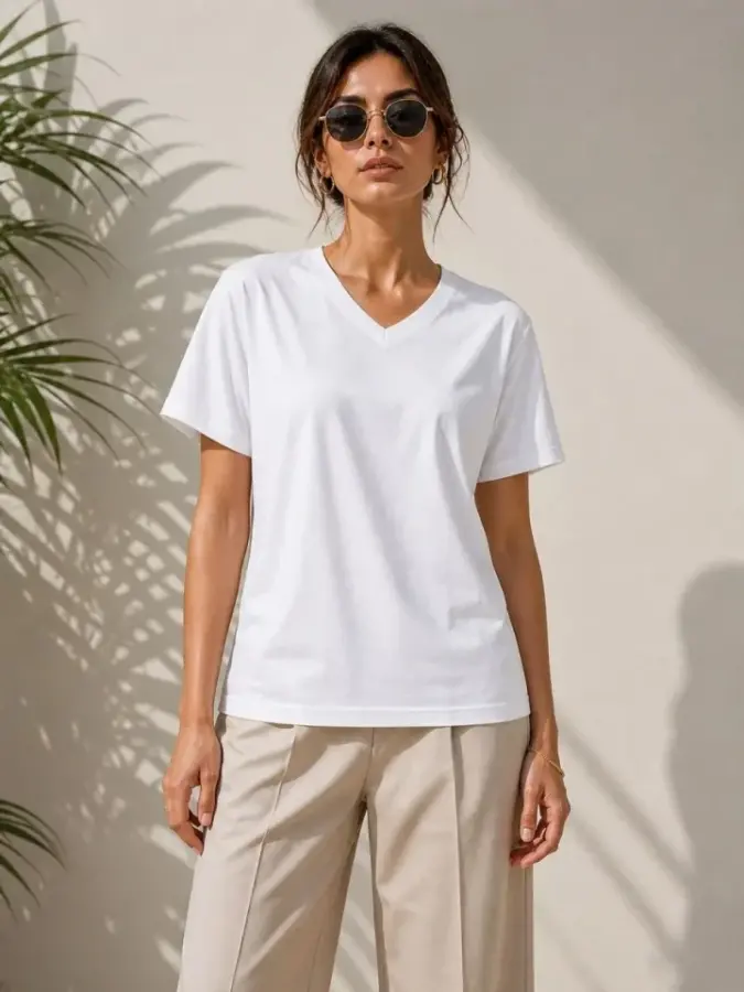 V Yaka Basic Tişört Kısa Kol Yazlık Regular Fit T-Shirt - Beyaz - 3