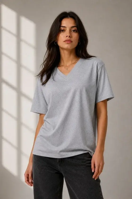V Yaka Basic Tişört Kısa Kol Yazlık Regular Fit T-Shirt - Gri - 1