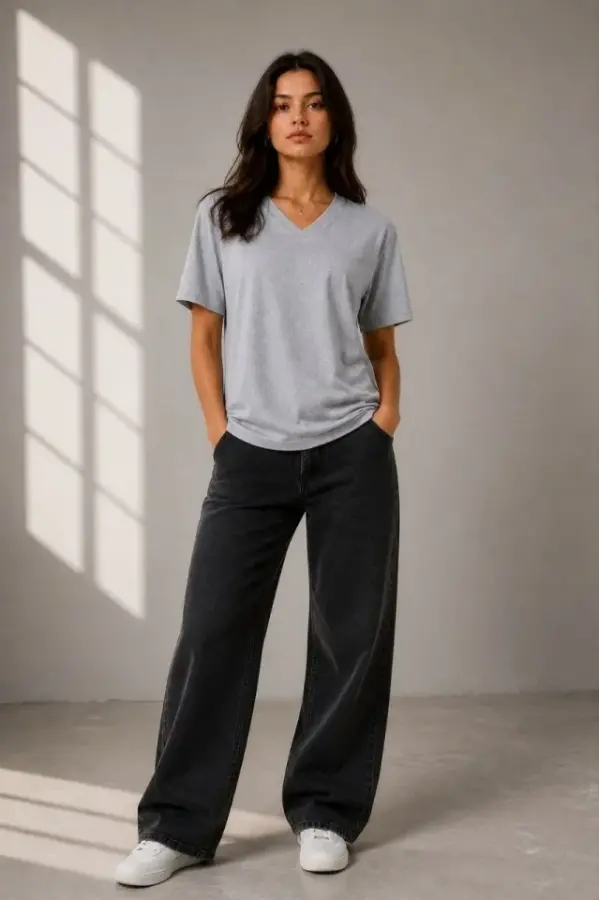 V Yaka Basic Tişört Kısa Kol Yazlık Regular Fit T-Shirt - Gri - 2