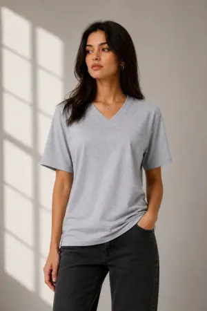 V Yaka Basic Tişört Kısa Kol Yazlık Regular Fit T-Shirt - Gri - 3
