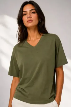 V Yaka Basic Tişört Kısa Kol Yazlık Regular Fit T-Shirt - Haki - 1