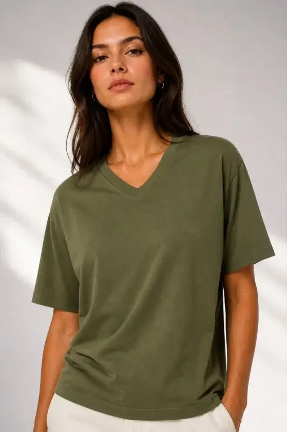 V Yaka Basic Tişört Kısa Kol Yazlık Regular Fit T-Shirt - Haki - 1
