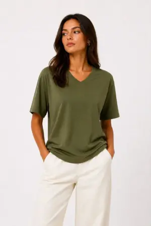 V Yaka Basic Tişört Kısa Kol Yazlık Regular Fit T-Shirt - Haki - 3