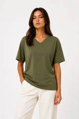 V Yaka Basic Tişört Kısa Kol Yazlık Regular Fit T-Shirt - Haki - 4