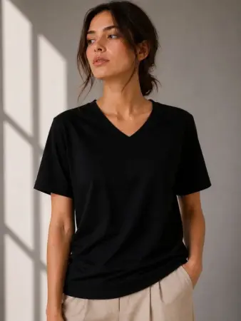 V Yaka Basic Tişört Kısa Kol Yazlık Regular Fit T-Shirt - Siyah - 1