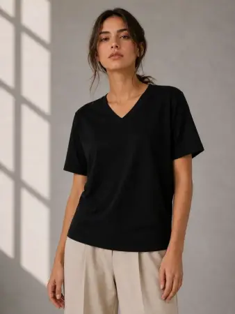 V Yaka Basic Tişört Kısa Kol Yazlık Regular Fit T-Shirt - Siyah - 2