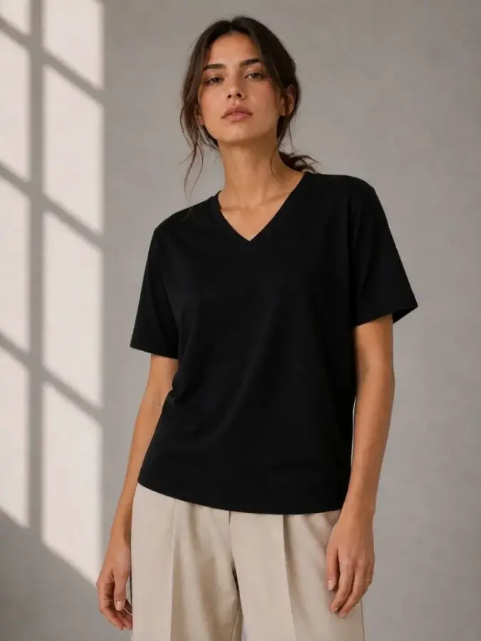 V Yaka Basic Tişört Kısa Kol Yazlık Regular Fit T-Shirt - Siyah - 2