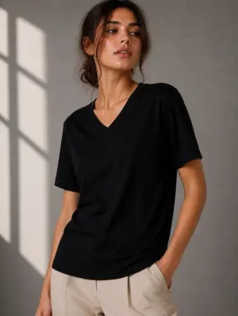 V Yaka Basic Tişört Kısa Kol Yazlık Regular Fit T-Shirt - Siyah - 3
