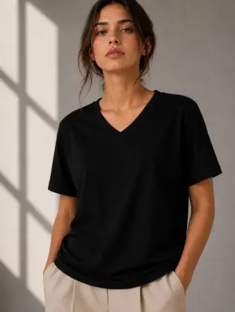 V Yaka Basic Tişört Kısa Kol Yazlık Regular Fit T-Shirt - Siyah - 4