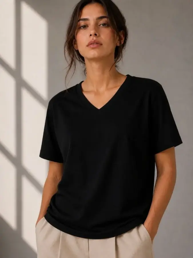 V Yaka Basic Tişört Kısa Kol Yazlık Regular Fit T-Shirt - Siyah - 4