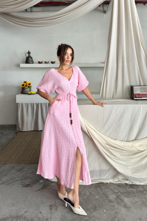 V YAKA BEL BONCUK BAĞLAMALI MÜSLİN ELBİSE YIRTMAÇ DETAYLI - Pembe - 1