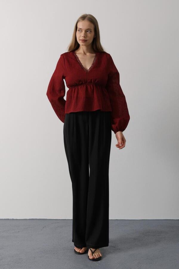 V Yaka Dantelli Bluz - Bordo - 1