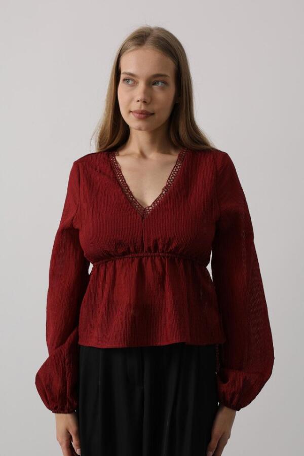 V Yaka Dantelli Bluz - Bordo - 2