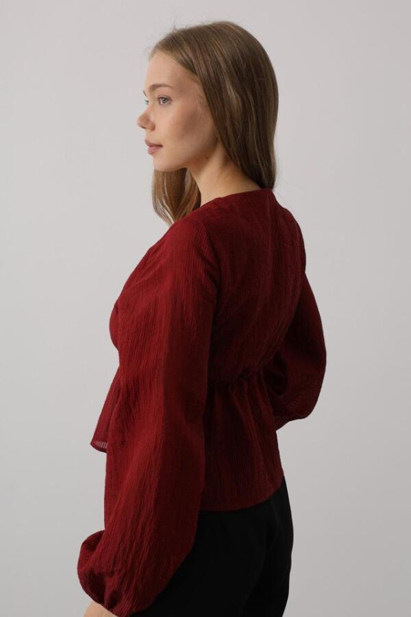 V Yaka Dantelli Bluz - Bordo - 3