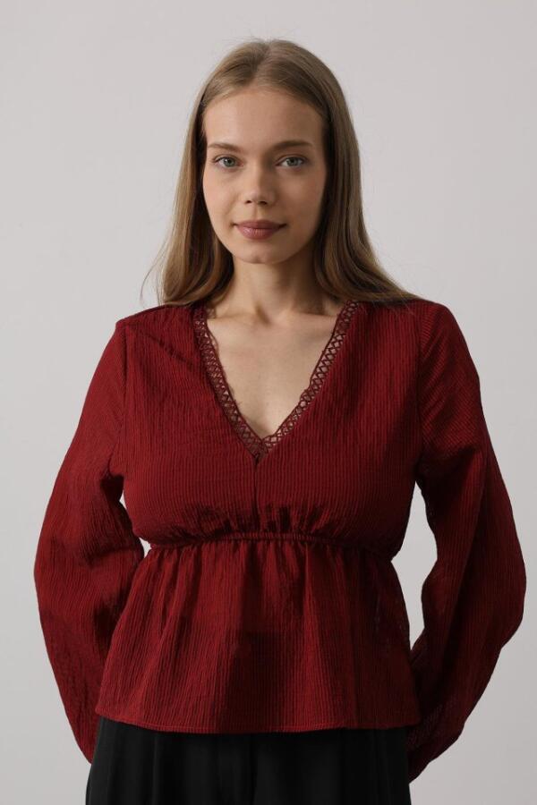 V Yaka Dantelli Bluz - Bordo - 4