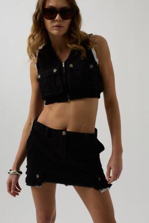 V Yaka Düğmeli Crop Yelek - 3