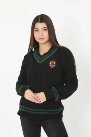 V Yaka Örgülü Kazak - Siyah - 1