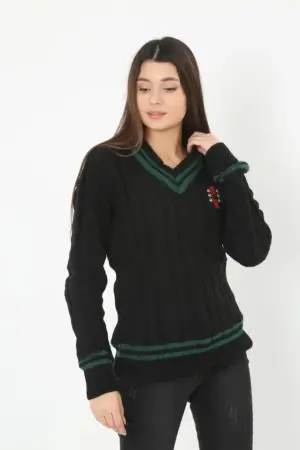 V Yaka Örgülü Kazak - Siyah - ANGELINO BuyukBedeniz (1)