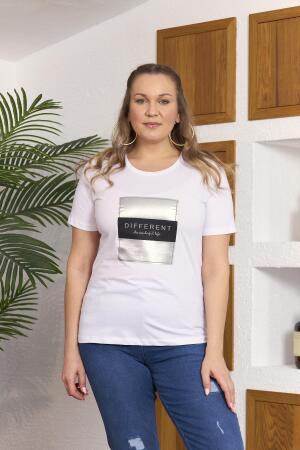 Varak Baskılı Büyük Beden Beyaz Tişört - 1