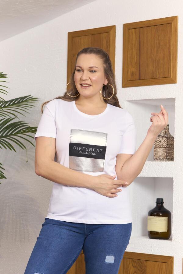 Varak Baskılı Büyük Beden Beyaz Tişört - 2