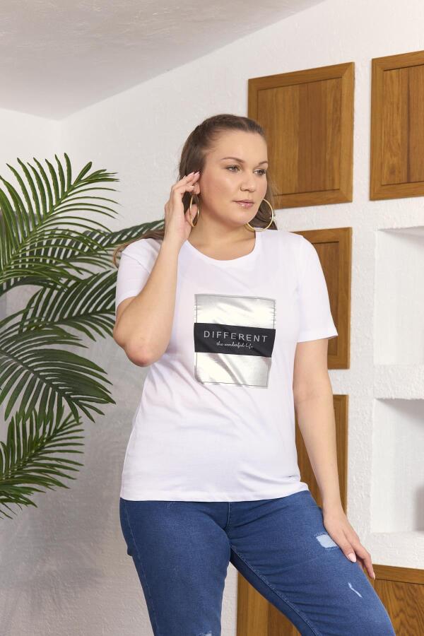 Varak Baskılı Büyük Beden Beyaz Tişört - 3