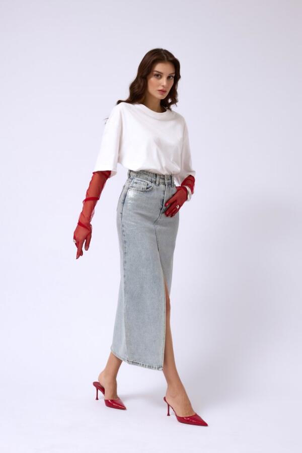 Varak Baskılı Yırtmaçlı Maxi Denim Etek - 1