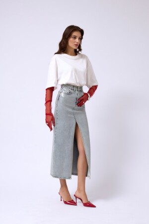 Varak Baskılı Yırtmaçlı Maxi Denim Etek - 2